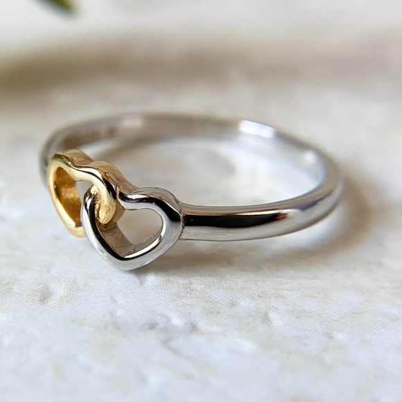 Dainty 925 Sterling Silver Double Heart Ring Two Tone Stacking Minimalist Ring - Picture 2 of 4